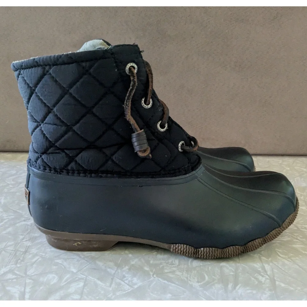 Sperry Topsider Quilted Duck Boots Black Ankle Rain Boots Womens 8W